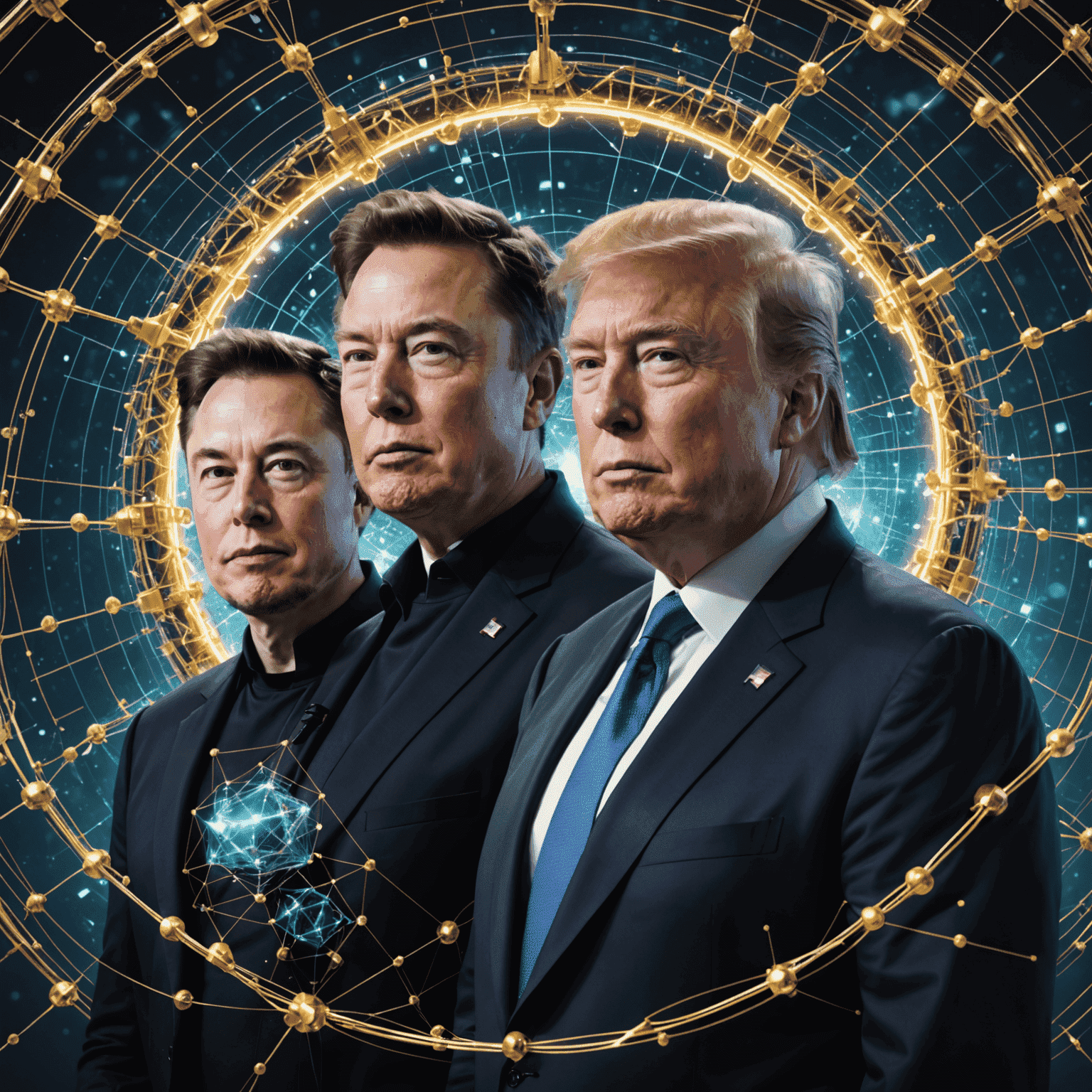 A futuristic visualization of quantum computing, showing interconnected nodes representing qubits, with images of Elon Musk and Donald Trump in the background