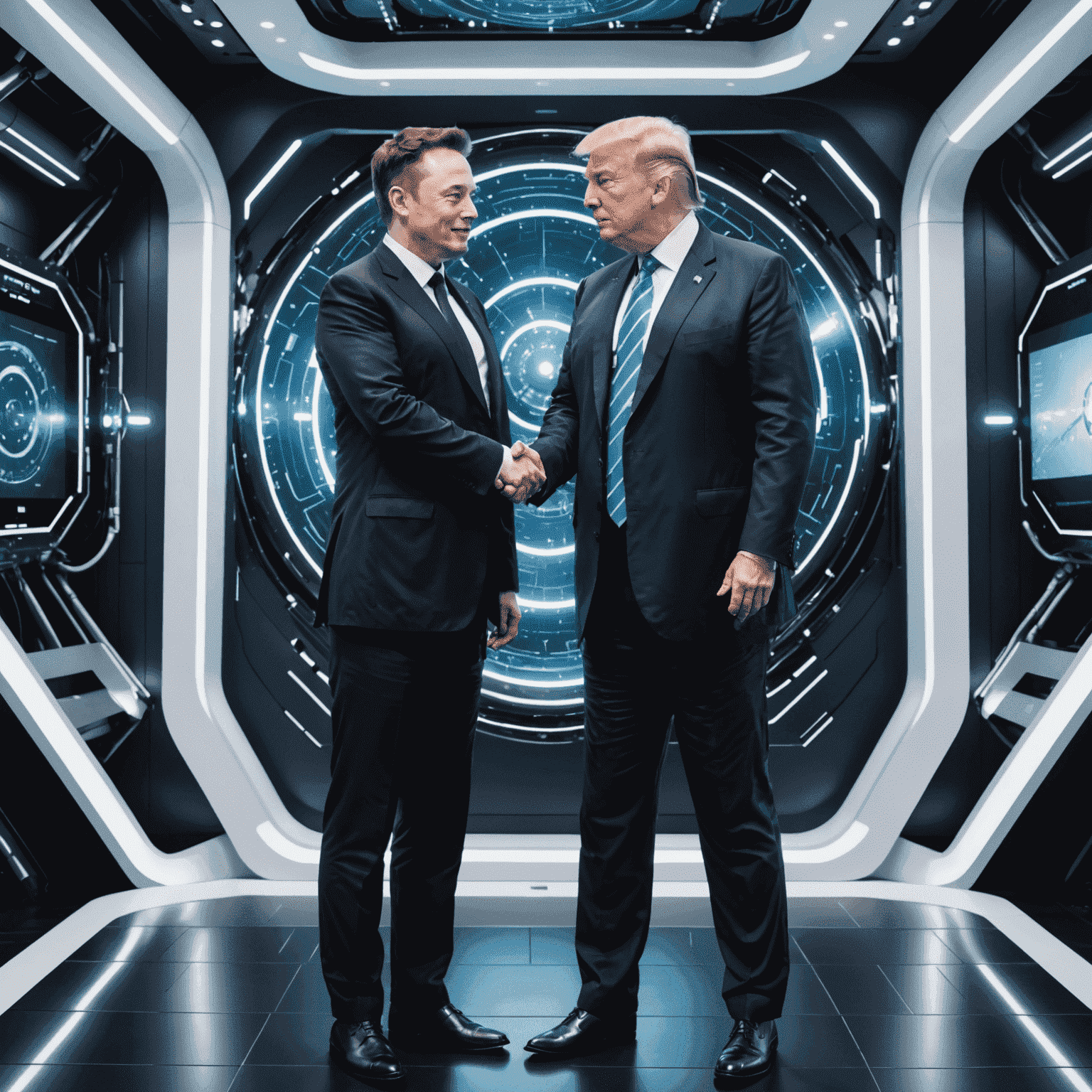 Elon Musk and Donald Trump shaking hands in front of a futuristic Quantum AI display