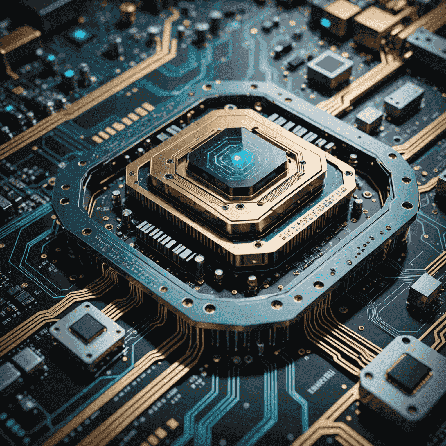 Visualization of quantum computer circuitry with AI neural network overlay, representing the fusion of quantum computing and artificial intelligence