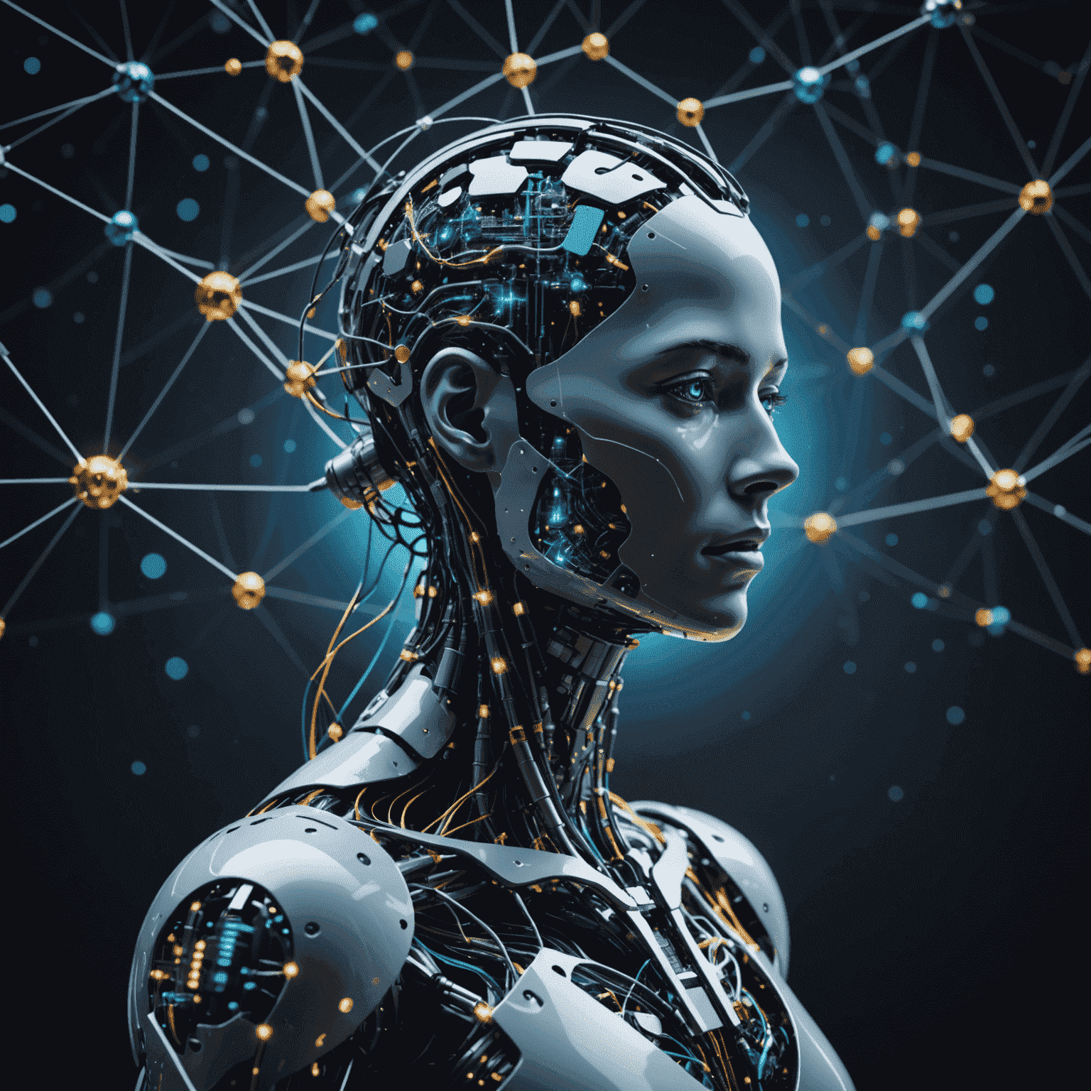 A futuristic representation of quantum computing and artificial intelligence, showing interconnected nodes and data streams with a human silhouette pondering ethical questions