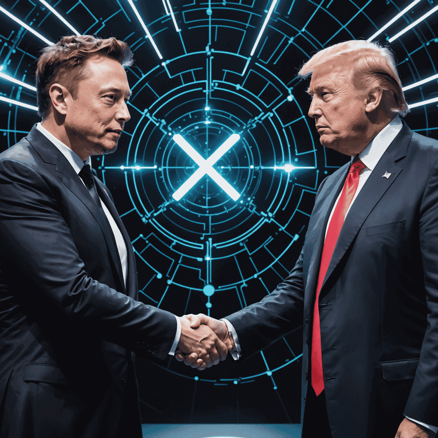 A split image showing Elon Musk and Donald Trump shaking hands, with quantum computing symbols in the background, representing their collaboration on Quantum AI