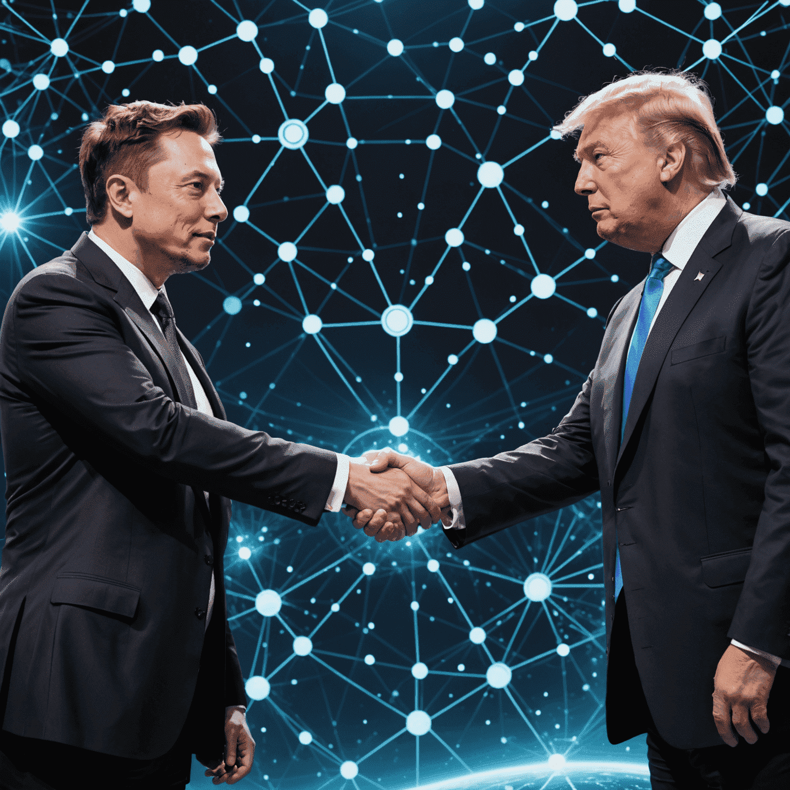 A split image showing Elon Musk and Donald Trump shaking hands, with quantum computing symbols floating around them