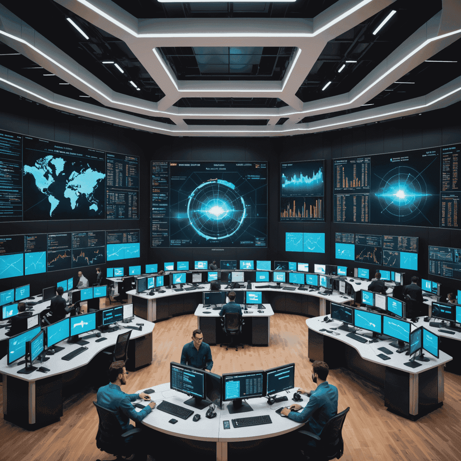 Futuristic trading floor with holographic displays showing quantum-powered market analysis and auto trading systems in action