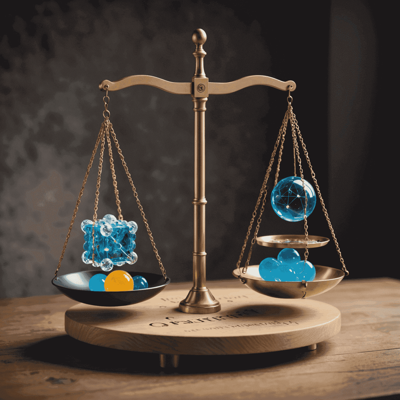 A balanced scale with quantum computing symbols on one side and ethical considerations on the other, symbolizing the need for equilibrium in advancing Quantum AI technology