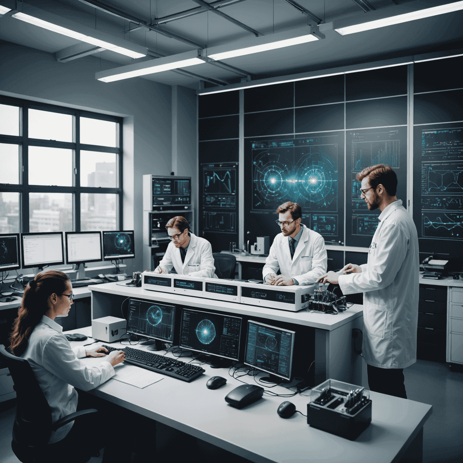 A modern quantum computer in a laboratory setting, with scientists working on complex calculations and data analysis