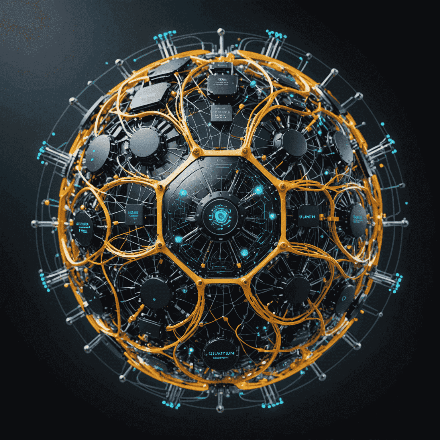 A complex visualization of quantum circuits and AI neural networks intertwining, showcasing the transformative power of Quantum AI in computing