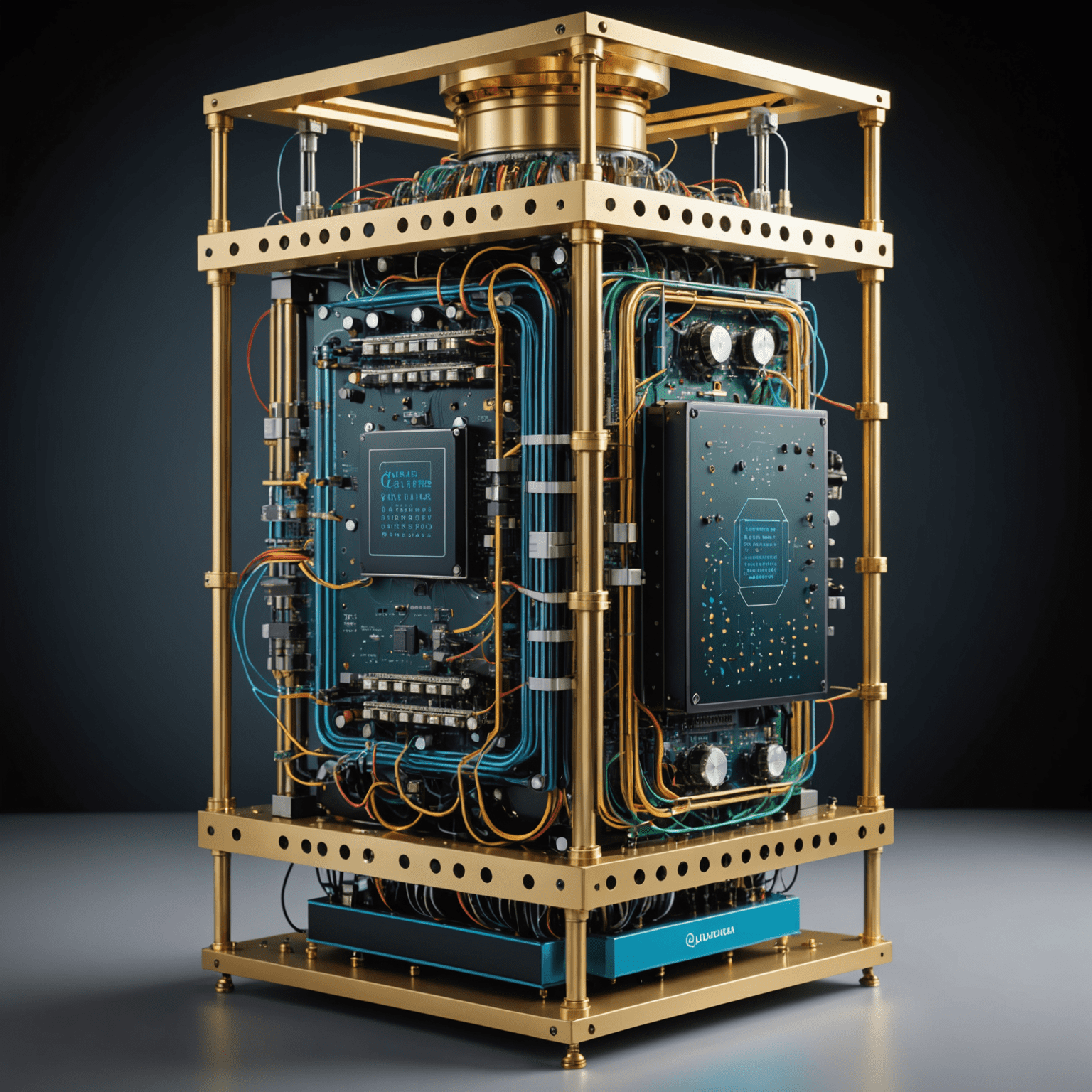 A complex diagram showing the architecture of a quantum computer, with visual representations of qubits and quantum gates