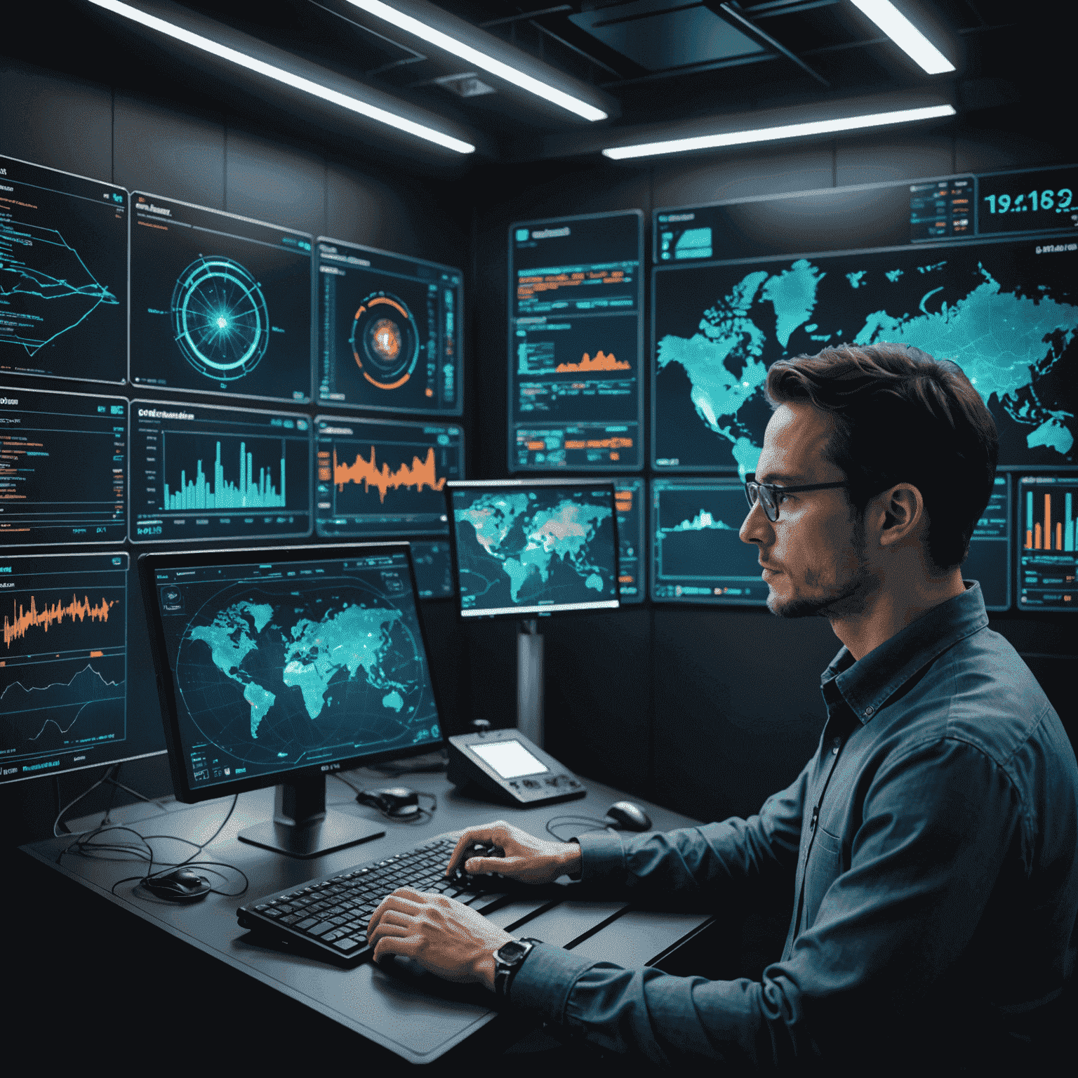 Futuristic visualization of quantum AI applications, showing holographic displays of financial markets, scientific simulations, and AI-driven innovations