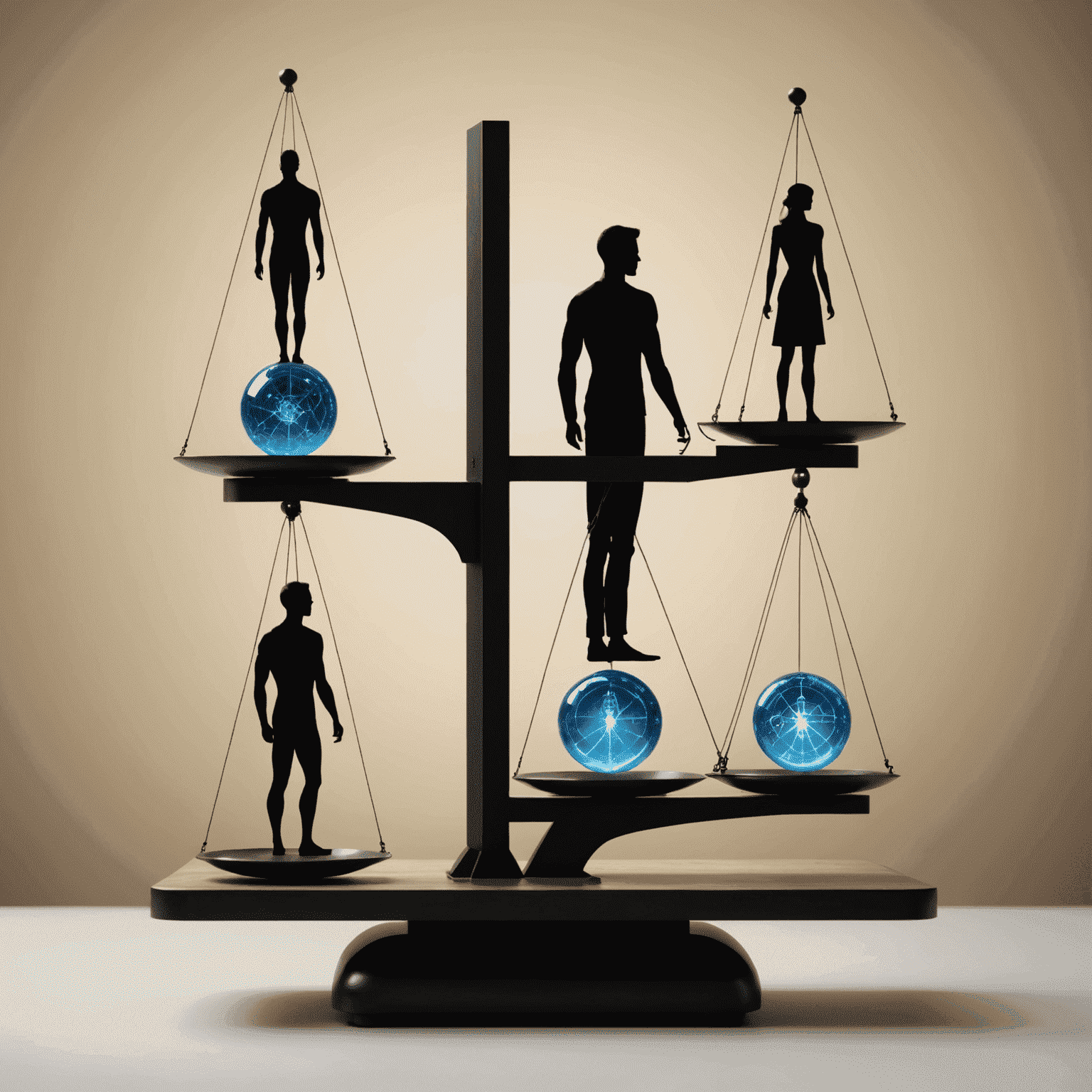 A thought-provoking image showing a balance scale with quantum computers on one side and human silhouettes on the other, representing the ethical considerations of Quantum AI